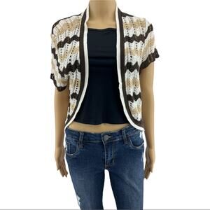 Say What? MEDIUM American Y2K Brown Striped Loose Knit Short Sleeve Cardigan